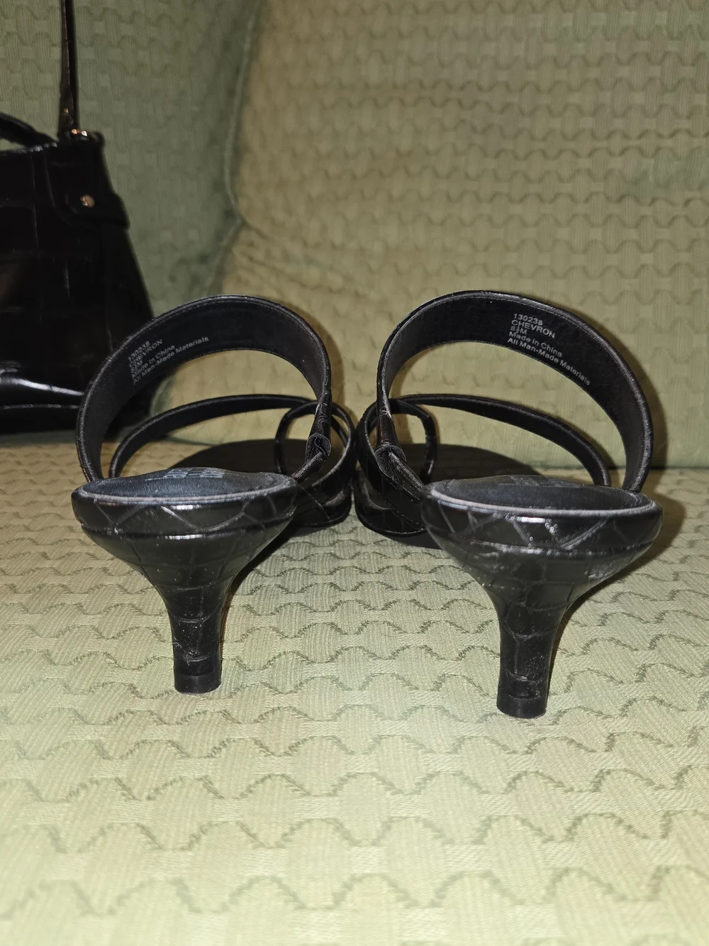 Kitten Heels Black Croc-Embossed Strappy Heel Sandals